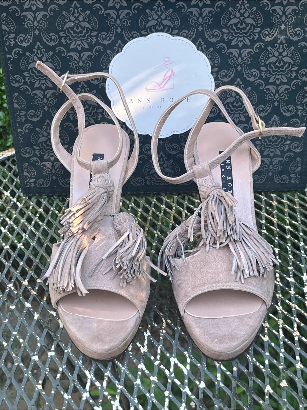 Ann Roth Fringed Suede Platform Sandals in Blush Taupe